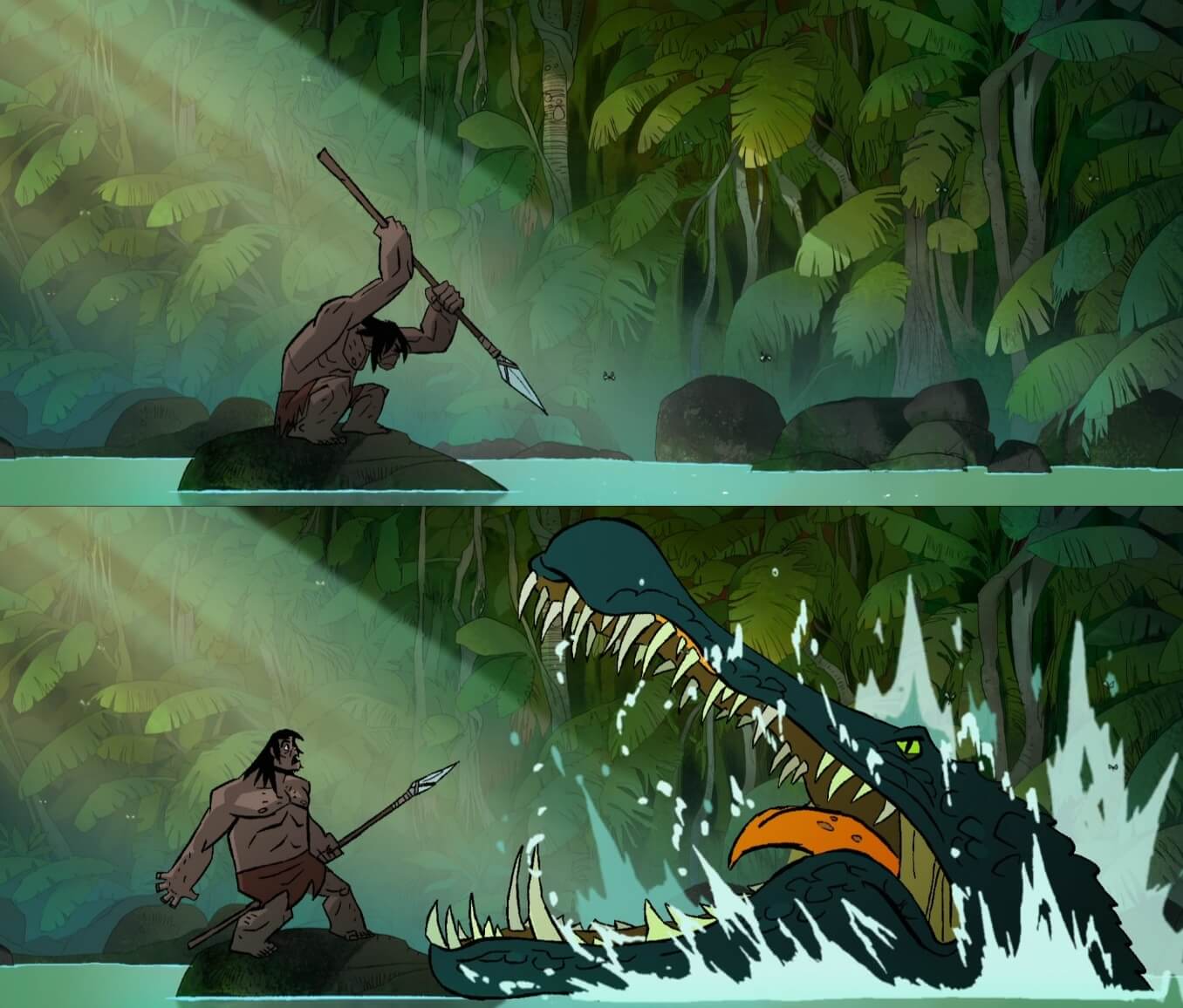 Ir a la pagina de la plantilla Spear pescando | Spear siendo atacado por un cocodrilo gigante.